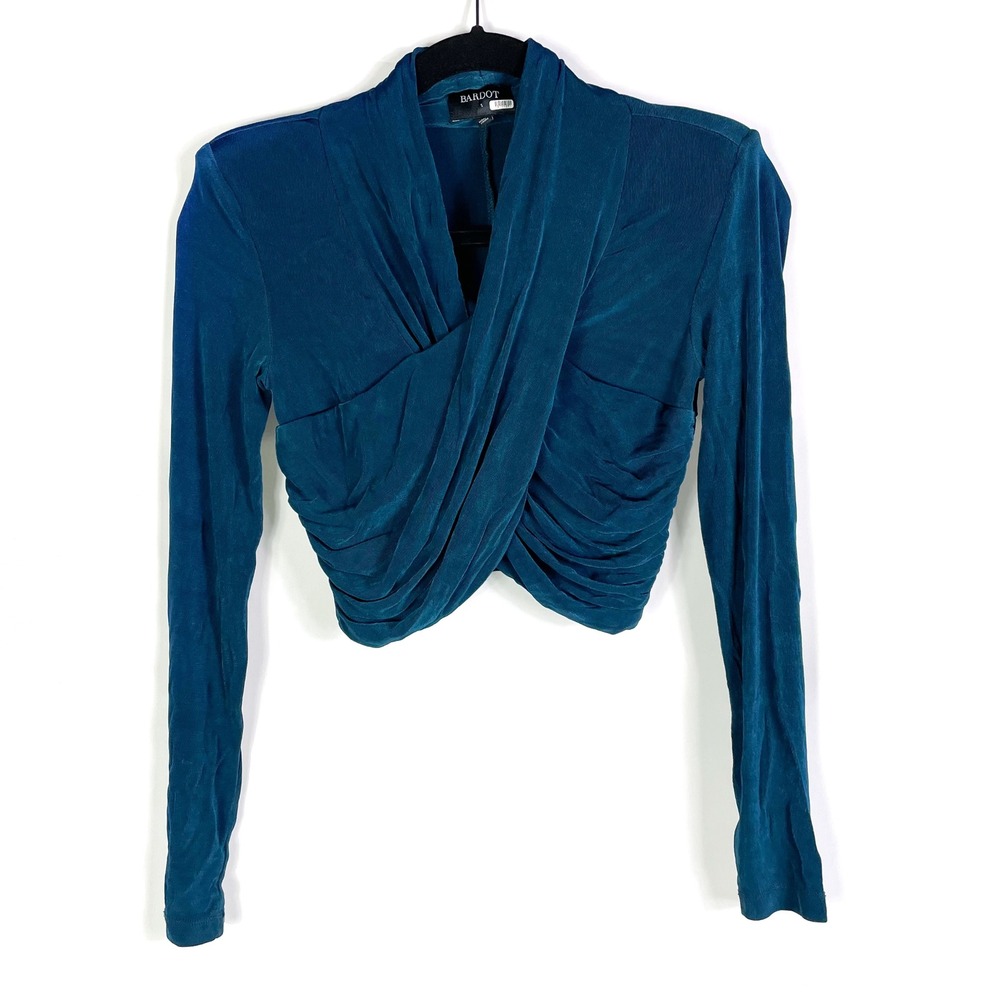 Bardot Wren Wrap Top Teal Blue Long Sleeve Cropped Ruched Criss Cross Sz S - Picture 6 of 11